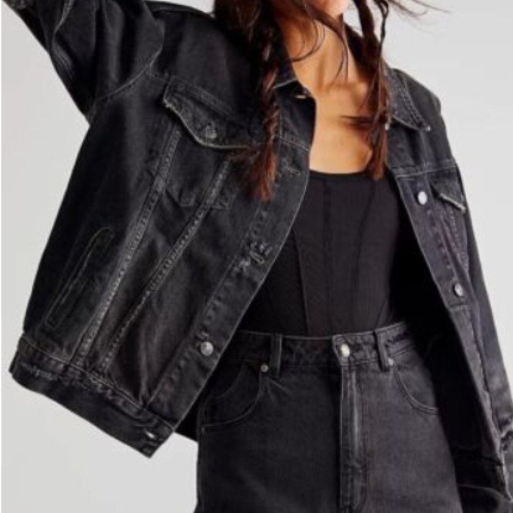 Free People Black Denim Jacket Black Medium